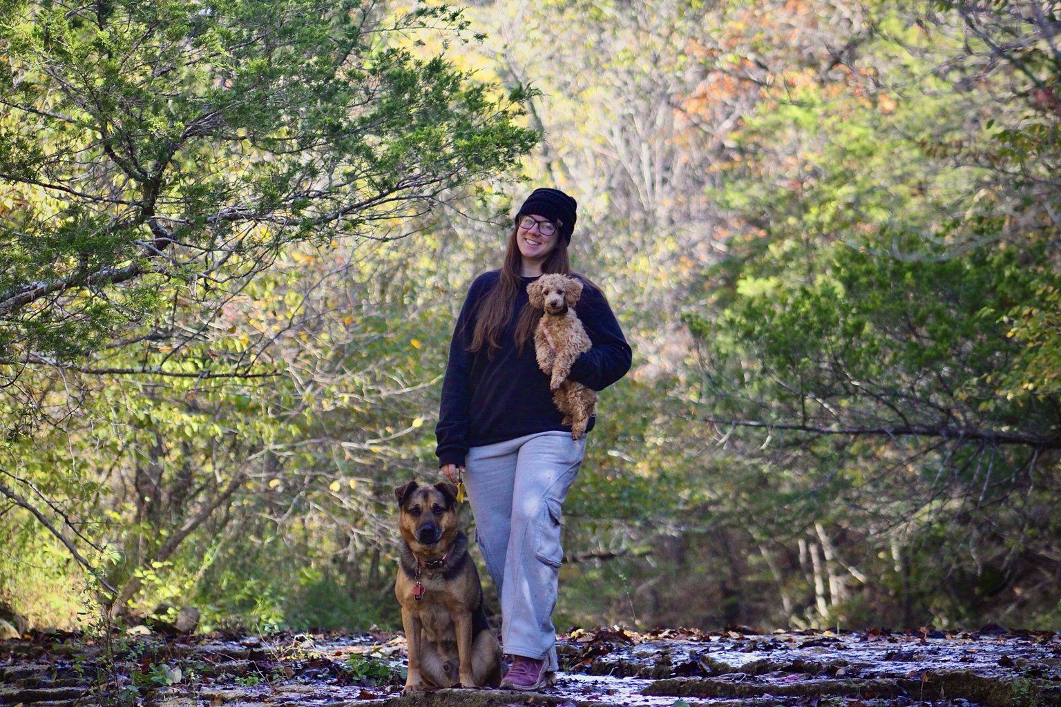 Madalyn with dogs outdoors